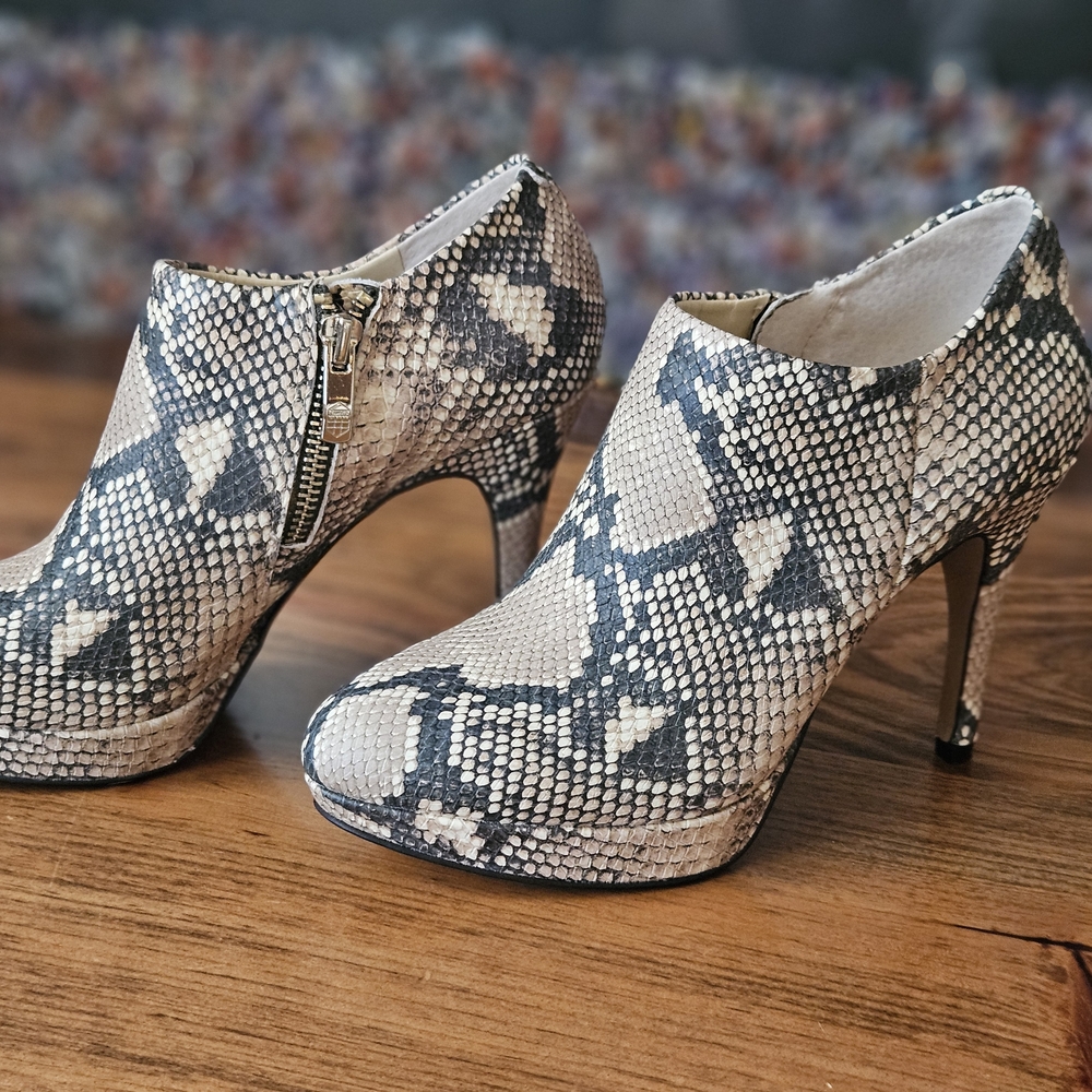 Vince Camuto Black and Cream Snakeskin Ankle Booties